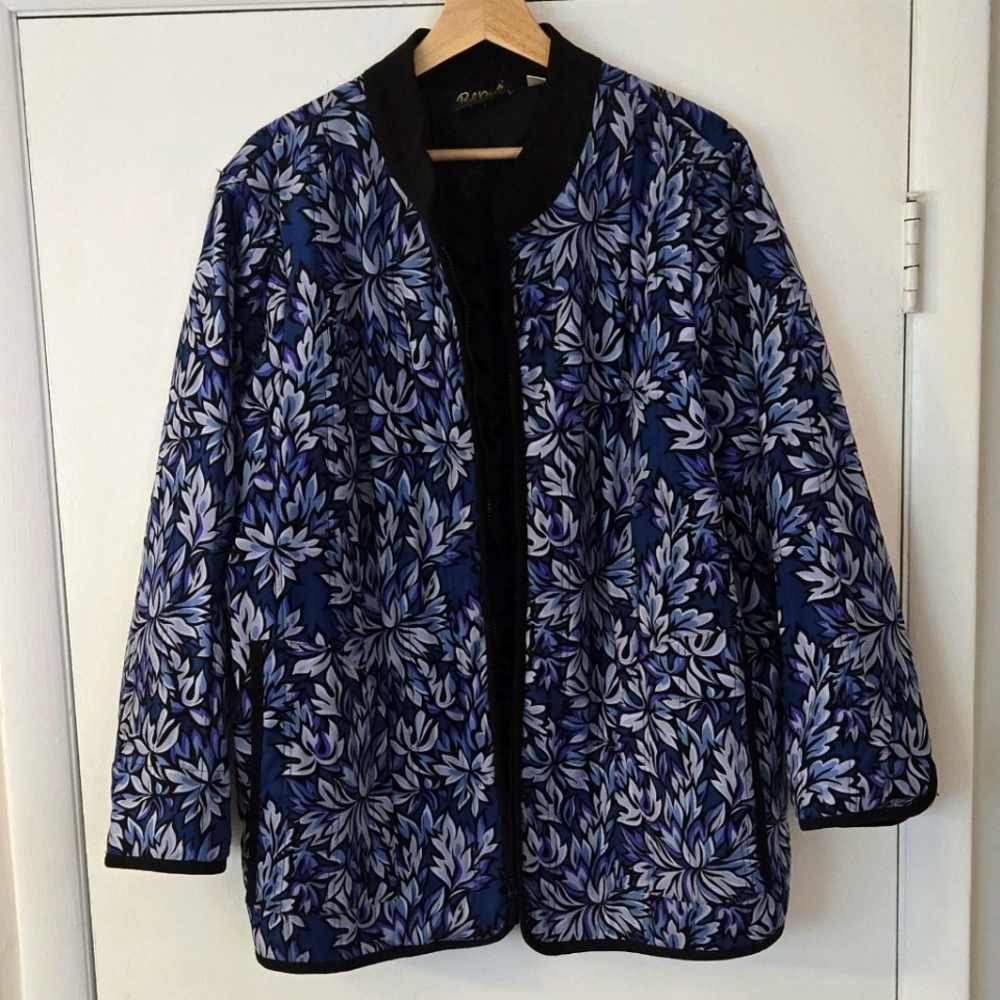 Bob Mackie Blue Floral Quilted Jacket with Black Trim